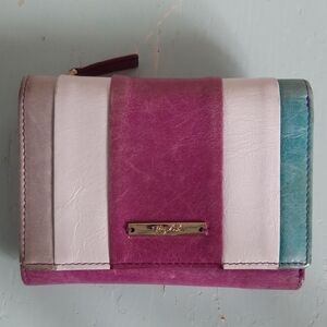 Pink and White Striped Wallet with Suede-Like Material